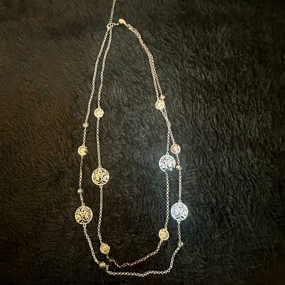 White House Black Market long silver double strand necklace